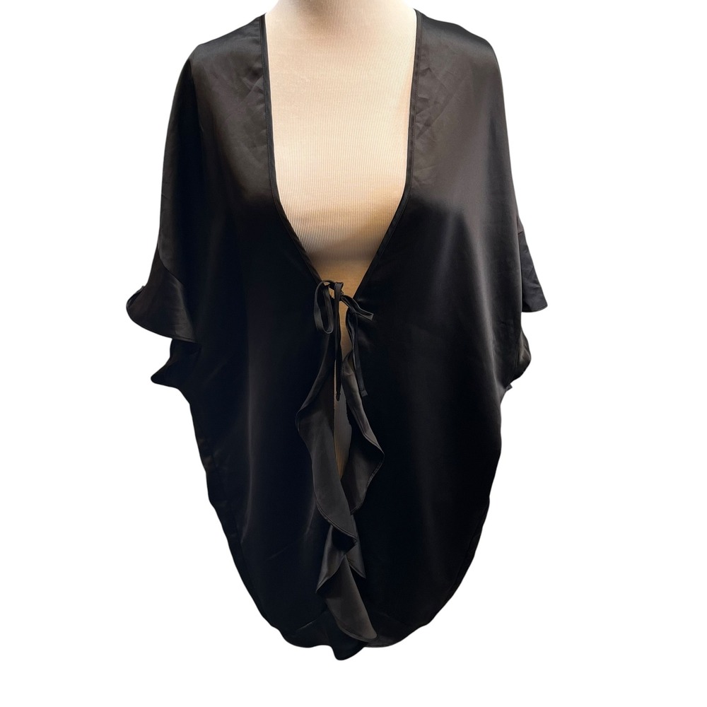 Victoria's‎ Secret Black Satin Ruffle Kimono Robe One Size NWT 11121475